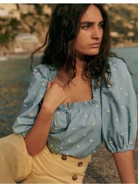 Sézane Kellia Light Denim Chambray Ruffle Embroidered Blouse - FR/34-US/2